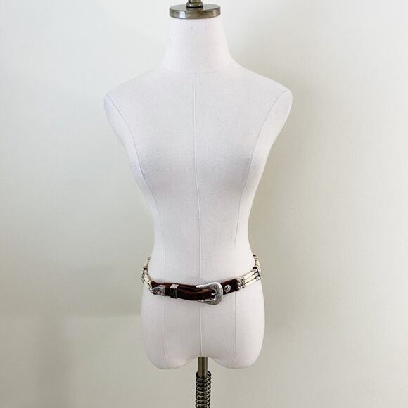 Vintage Nocona Brown Leather and Bone Beading Belt w Silver Hardware Size 30-32 - Picture 4 of 10